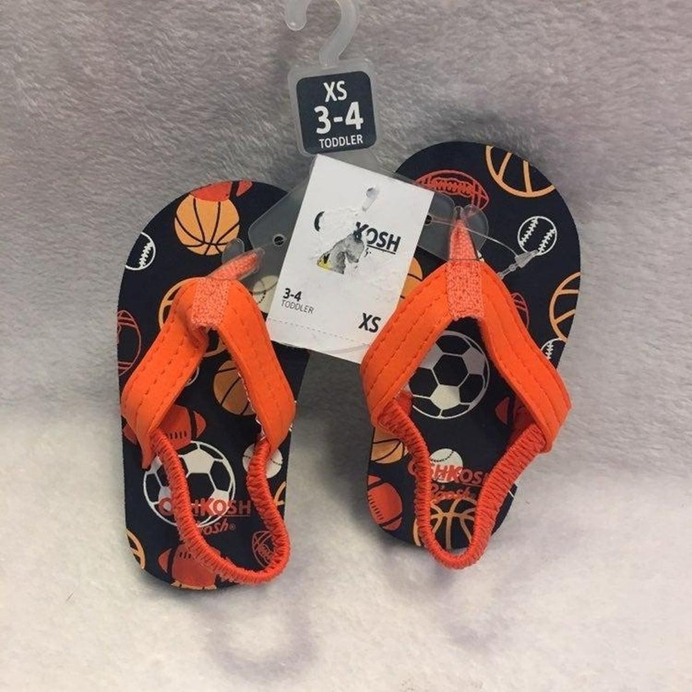 OshKosh Flip Flops Toddler XS 3-4 Navy Orange NEW Sports Print Elastic Strap